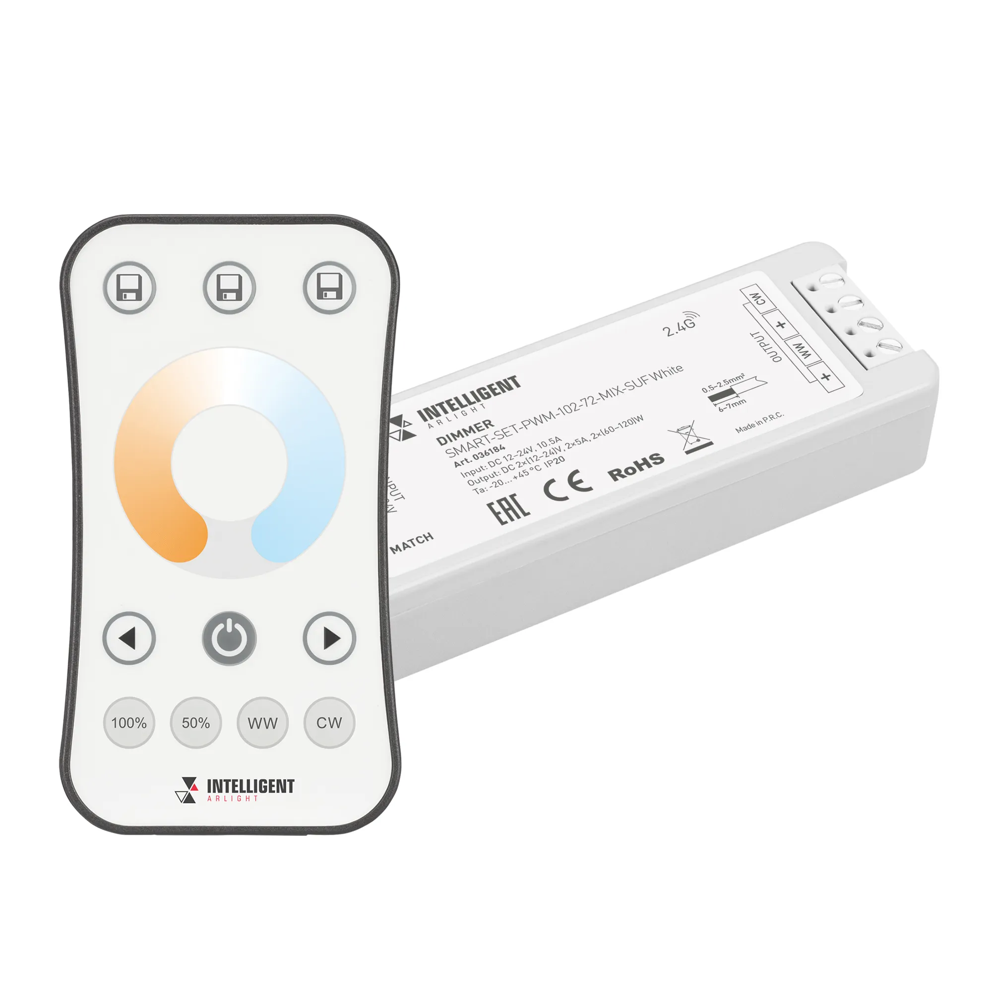 INTELLIGENT ARLIGHT Диммер SMART-SET-PWM-102-72-MIX-SUF White (12-24V, 2x5A, ПДУ RING 10кн, 2.4G) (IARL, IP20 Пластик, 5 лет) - изображение товара