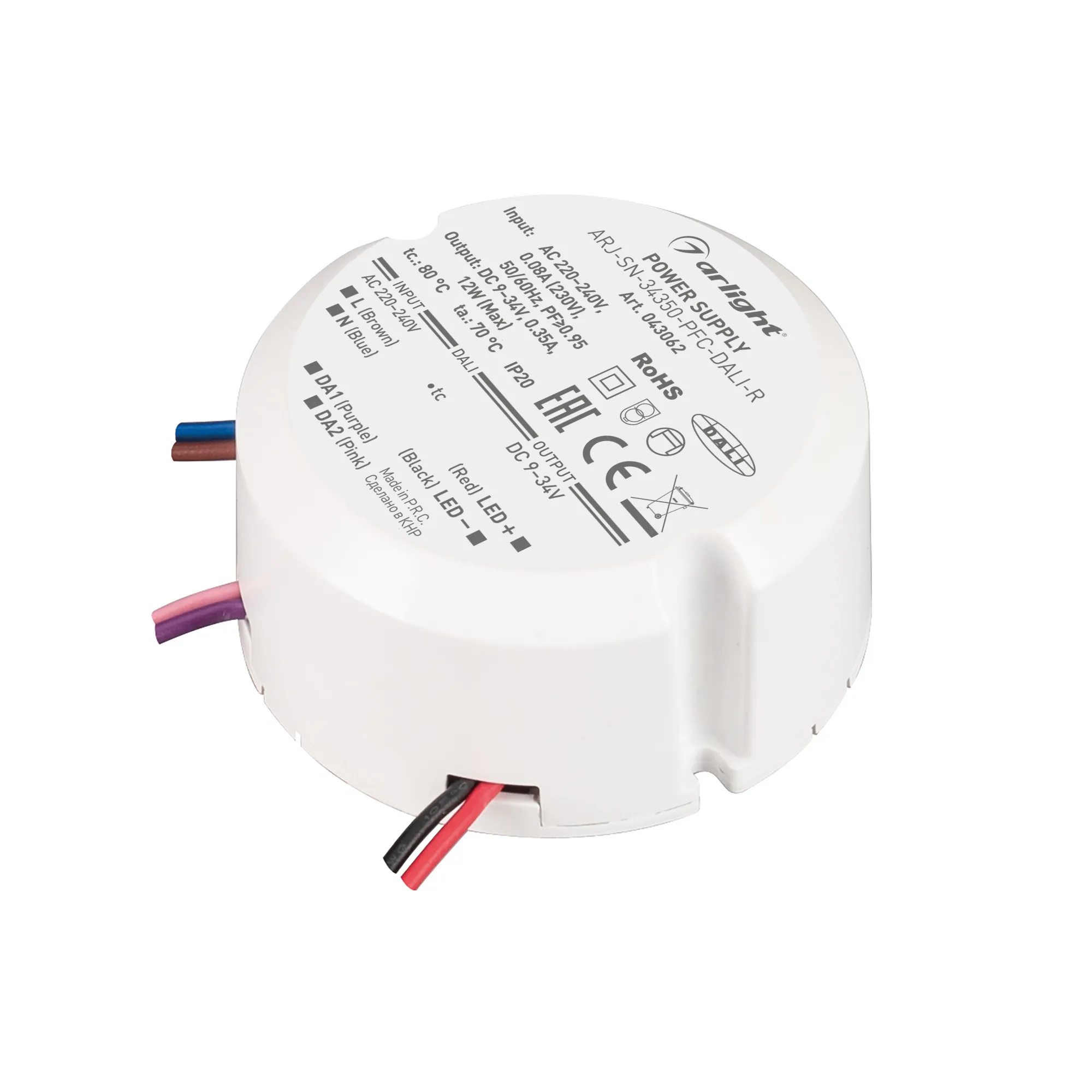 Блок питания ARJ-SN-34350-PFC-DALI-R (12W, 9-34V, 0.35A) (Arlight, IP20 Пластик, 3 года) - изображение товара